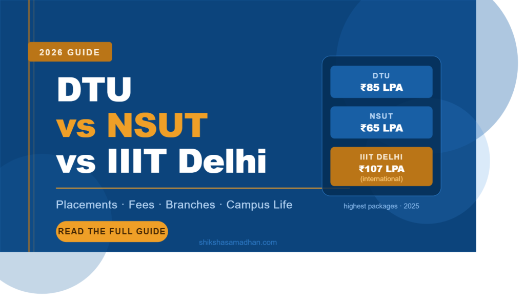 DTU vs NSUT vs IIIT Delhi 2026 comparison guide showing highest placement packages - DTU 85 LPA, NSUT 65 LPA, IIIT Delhi 107 LPA