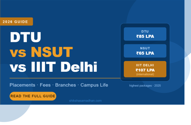 DTU vs NSUT vs IIIT Delhi 2026 comparison guide showing highest placement packages - DTU 85 LPA, NSUT 65 LPA, IIIT Delhi 107 LPA