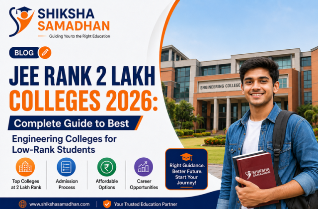 Student standing outside an engineering college campus with text about JEE Rank 2 Lakh Colleges 2026 guide by Shiksha Samadhan