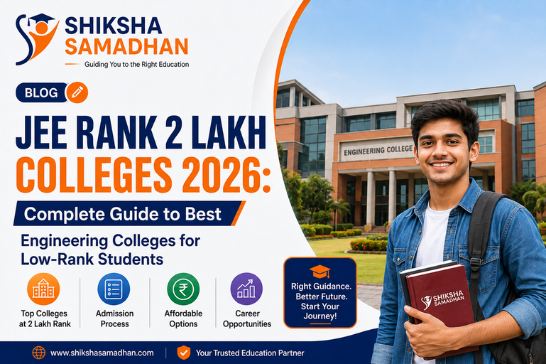 Student standing outside an engineering college campus with text about JEE Rank 2 Lakh Colleges 2026 guide by Shiksha Samadhan